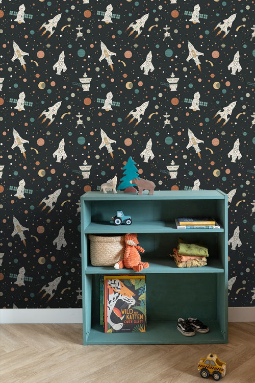 ESTAhome behang planeten in de ruimte zwart, groen en bruin - 50 x 900 cm - 132071