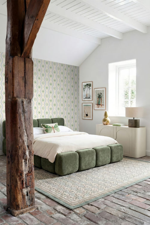 ESTAhome behang retro ornamenten beige, blauw en groen - 50 x 900 cm - 132015