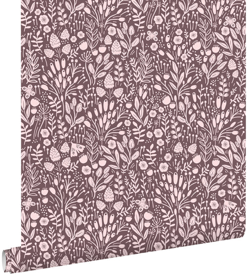 ESTAhome behang bloemetjes aubergine paars - 50 x 900 cm - 131254 - vtwonen shop