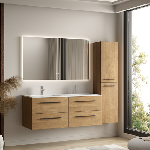 LOMAZOO badmeubelset Navero - met hoge kast & witte wastafel - licht eiken - 120 cm