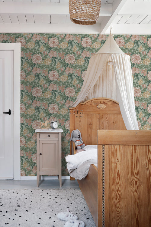 ESTAhome behang vintage bloemen groen en oudroze - 53 cm x 10.05 m - 139378
