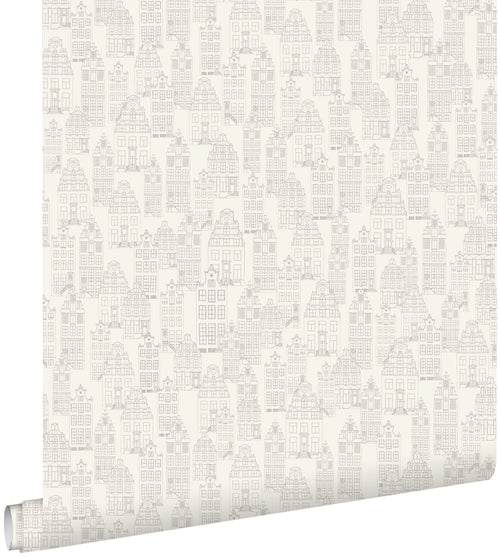 ESTAhome behang Amsterdamse huizen zilver - 53 cm x 10.05 m - 137710