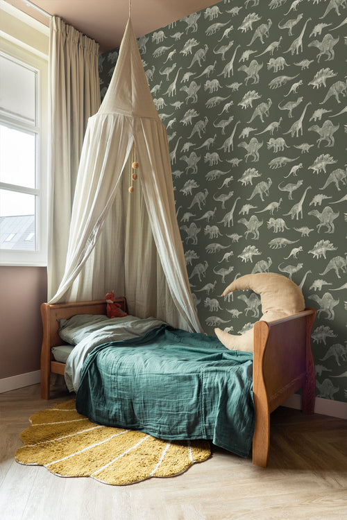 ESTAhome behang dinosaurussen olijfgroen - 50 x 900 cm - 131867