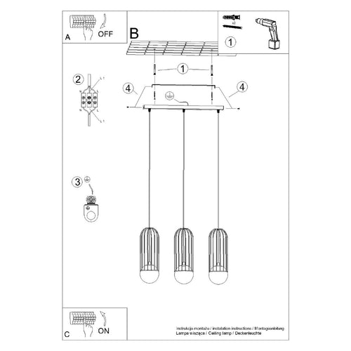 Sollux Lighting Hanglamp BRINA 3L zwart - 54x12x115cm