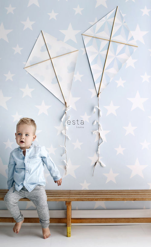 ESTAhome behang grote en kleine sterren lichtblauw en wit - 53 cm x 10.05 m - 138932