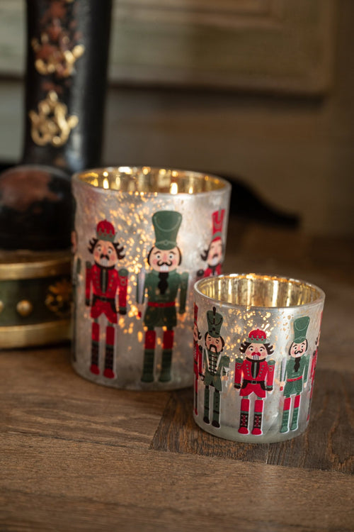 J-Line windlicht Notenkraker - glas - kerstrood/donkergroen - small - set van 2