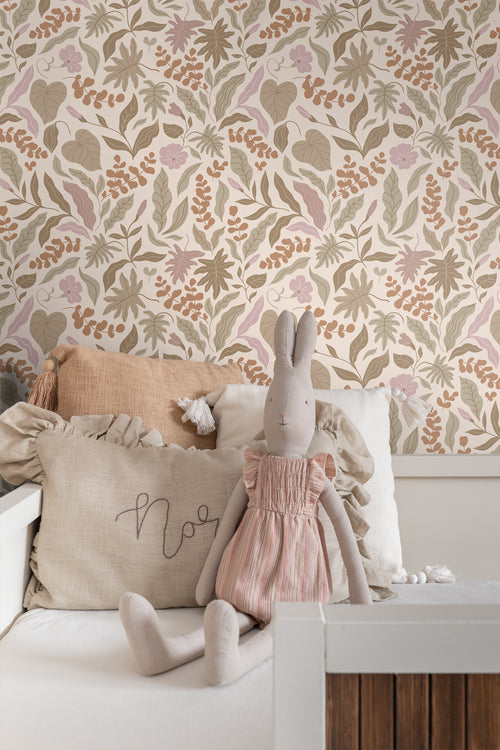 ESTAhome behang bladeren en bloemen warm beige, terracotta en paars - 50 x 900 cm - 131051 - vtwonen shop