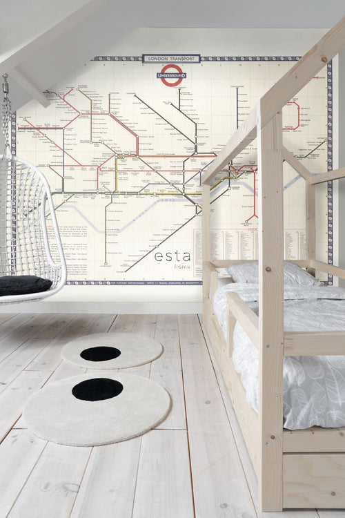 ESTAhome fotobehang metro plattegrond van Londen beige, rood en blauw - 279 x 279 cm - 158209 - vtwonen shop