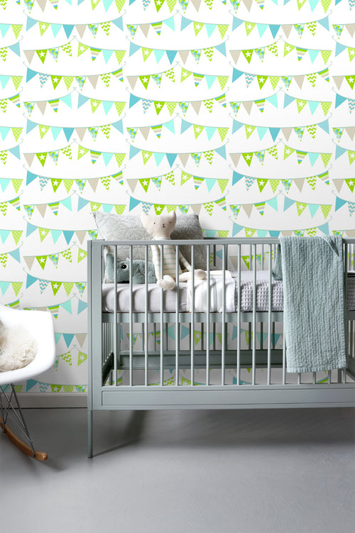 ESTAhome behang vlaggetjes turquoise, limegroen en beige - 53 cm x 10.05 m - 138719