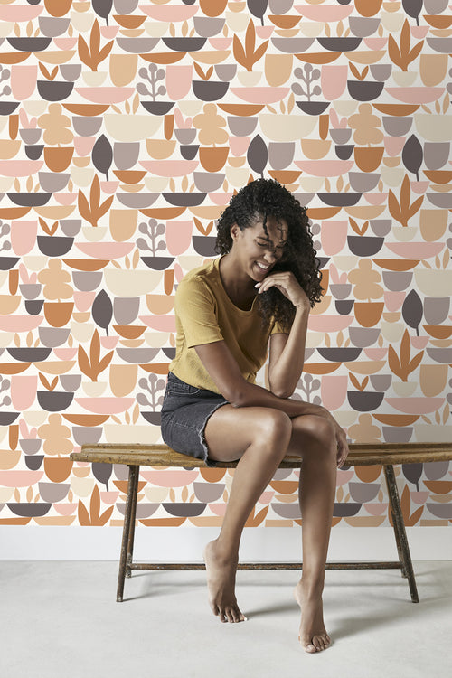 ESTAhome behang aardewerk en planten bruin en roze - 50 x 900 cm - 131074 - vtwonen shop