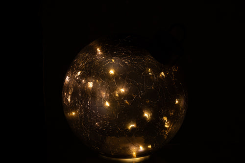 J-Line kerstbal - glas - zwart - medium - LED lichtjes