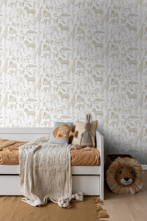 ESTAhome behang jungle dieren wit en beige - 53 cm x 10.05 m - 139690