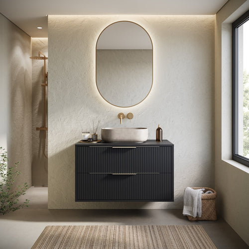 Badplaats Wastafelkast Rimini 80 cm – Mat Zwart – Hangend Badmeubel met 2 Lades en Gouden Handgrepen