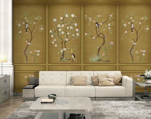Sanders & Sanders fotobehang bloemen en vogels okergeel - 318 x 280 cm - 640805