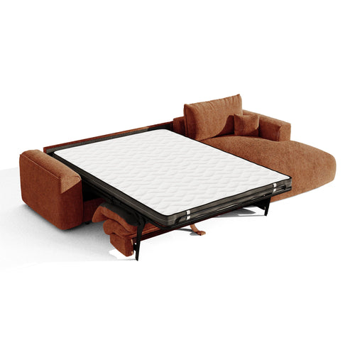 Premium Interiors - Rechthoekige hoekbank met snelle slaapfunctie COMO - weefsel met ruitpatroon, voelt zacht aan terracotta 300cm