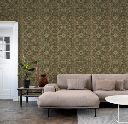 ESTAhome behang oosters kelim tapijt vergrijsd olijfgroen - 50 x 900 cm - 131359 - vtwonen shop