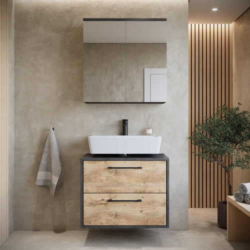 Badplaats Wastafelkast Set Florence 60 x 35 cm – Kastanje Eiken met Donker Grijs – Badmeubel met Spiegelkast