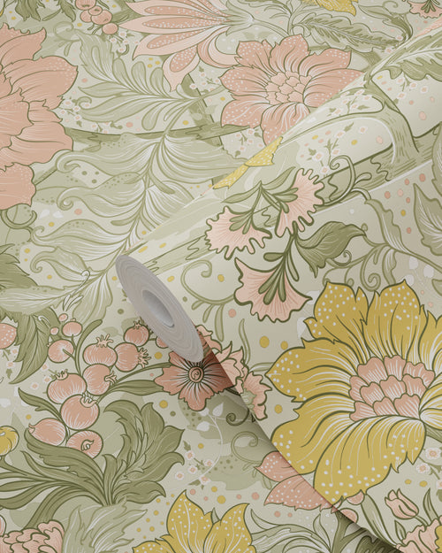 ESTAhome behang vintage bloemen vergrijsd groen, roze en okergeel - 50 x 900 cm - 131195