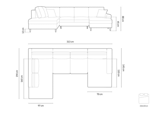 Cosmopolitan Design Links panoramische slaapbank met opbergdoos Kyoto 7-zits, flueel olie - 194x313x88cm