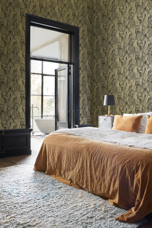 ESTAhome behang palmbladeren zwart en goud - 53 cm x 10.05 m - 139318