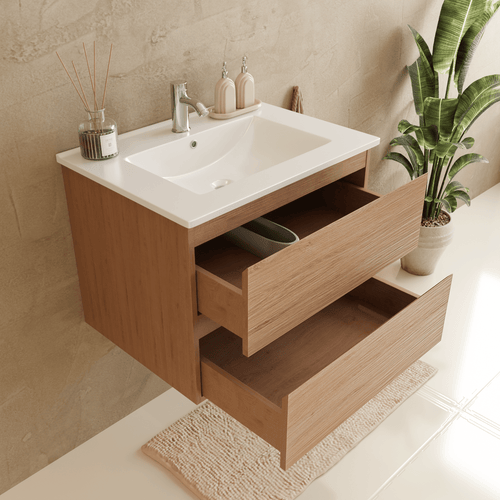LOMAZOO badmeubelset Verona - met hoge kast & witte wastafel - licht eiken - 60 cm