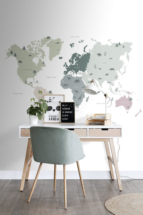 ESTAhome fotobehang wereldkaart voor kinderen mintgroen, grijs en roze - 200 x 279 cm - 158929 - vtwonen shop