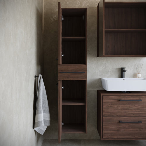 Badplaats Wastafelkast Set Florence 60 x 35 cm – Walnoot Bruin – Badmeubel met Spiegelkast en Kolomkast