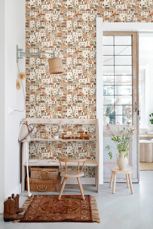 ESTAhome behang mediterrane huisjes beige en terracotta - 50 x 900 cm - 139623 - vtwonen shop