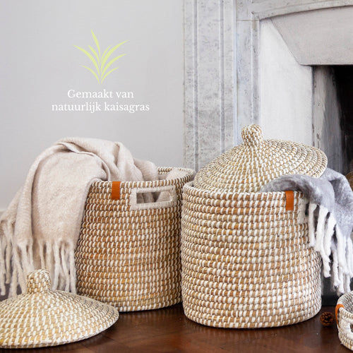Return to Sender Mand met deksel 36 cm wit en naturel kaisagras