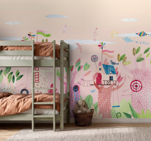 ESTAhome fotobehang boomhutfeest met dieren roze en meerkleurig - 3.5 x 2.79 m - 159674