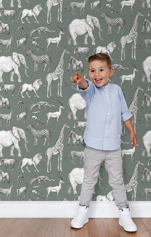 ESTAhome behang jungle dieren vergrijsd groen - 53 cm x 10.05 m - 139513