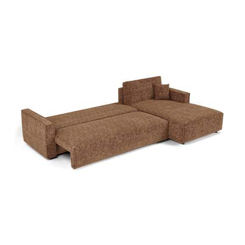 Premium Interiors - Rechthoekige hoekbank met slaapfunctie en opbergruimte  - stof met tweed-effect karamel 297cm
