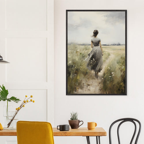 Artfulprints Poster Woman in flowerfield   - 70x100 cm - Groen