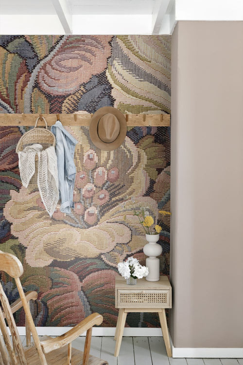 ESTAhome fotobehang geborduurd bloemmotief terracotta roze - 250 x 279 cm - 159506