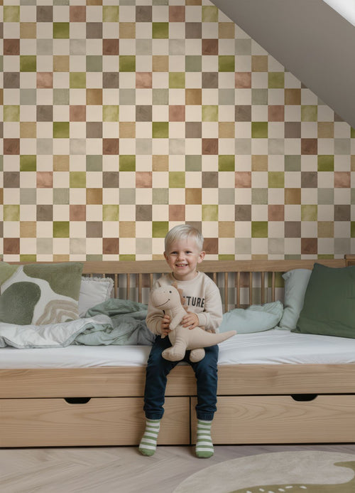 ESTAhome behang geblokt motief groen en bruin - 50 x 900 cm - 132176