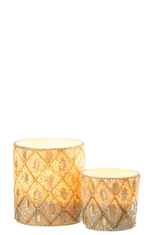 J-Line theelichthouder - glas/kralen - wit/goud - large