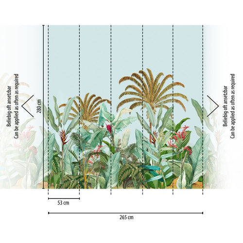 Livingwalls fotobehang tropische bladeren blauw, groen, roze en bruin - 265 x 280 cm - AS-392311
