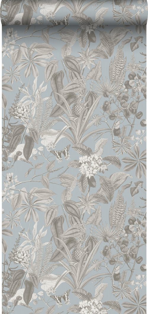 Sanders & Sanders behang tropische bladeren en bloemen vergrijsd blauw - 53 cm x 10 m - 640243 - vtwonen shop