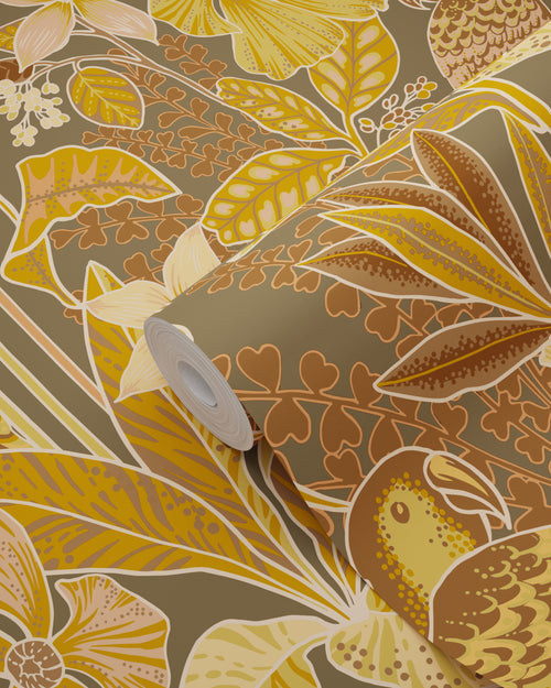 ESTAhome behang tropische bloemen en paradijsvogels terracotta bruin - 50 x 900 cm - 131159
