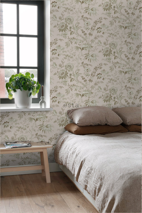 ESTAhome behang vintage bloemen oudroze en olijfgroen - 53 cm x 10.05 m - 139401