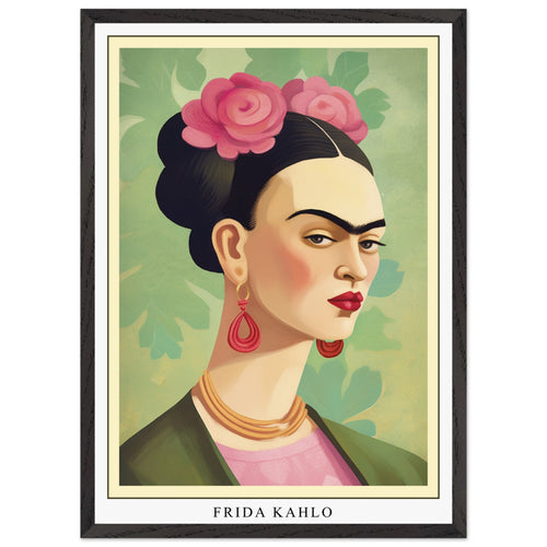 Artfulprints Poster met Lijst Frida Kahlo - Floral icon portrait   - 50x70 cm - Groen