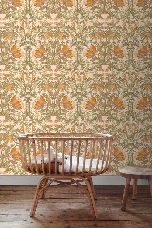 ESTAhome behang vintage bloemen in art nouveau stijl groen, oranje en beige - 50 x 900 cm - 131697