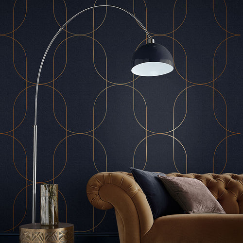 Graham & Brown Vliesbehang - Palais Marineblauw & Koper