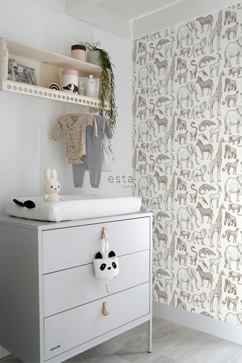 ESTAhome behang jungle dieren gebroken wit - 53 cm x 10.05 m - 139510