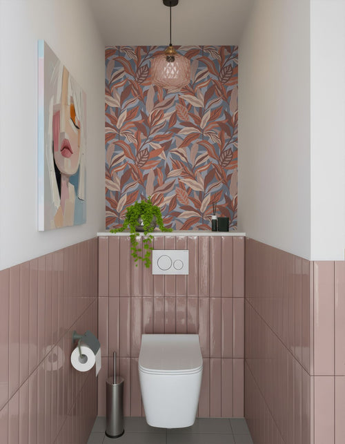 ESTAhome behang tropische bladeren terracotta en blauw - 50 x 900 cm - 132003