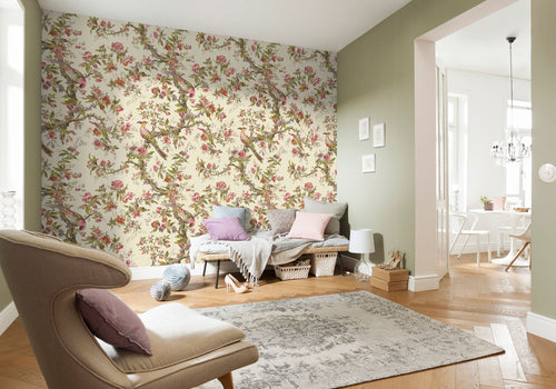 Sanders & Sanders fotobehang bloemen en vogels roze en groen - 400 x 280 cm - 611857