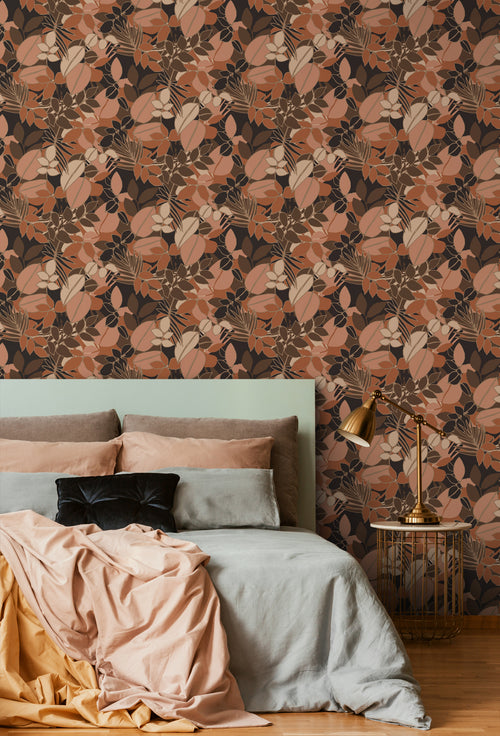 ESTAhome behang bladeren terracotta roze, bruin en zwart - 50 x 900 cm - 139850 - vtwonen shop