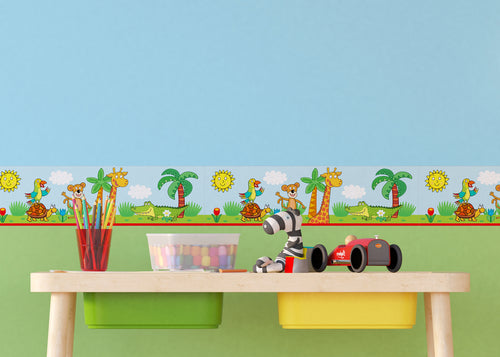 Sanders & Sanders zelfklevende behangrand jungle dieren blauw en groen - 10 x 500 cm - 600041