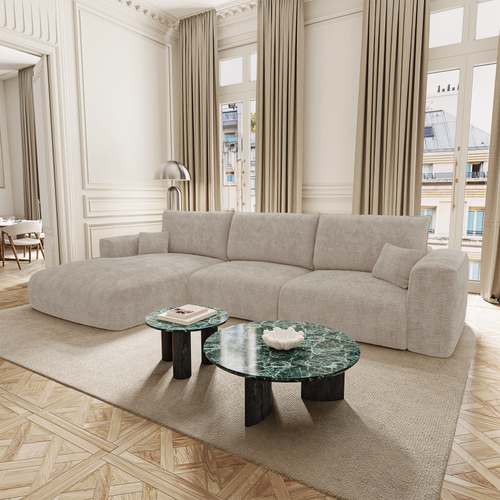 Premium Interiors - Linkshoekbank met slaapfunctie en opbergruimte COMO - zacht aanvoelende geweven stof beige 297cm