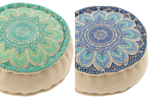 J-Line poef Rond Bloem - katoen - turquoise/blauw - 2 stuks
